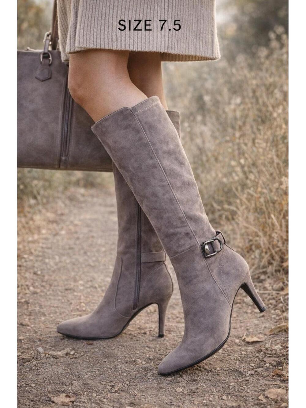 Taupe Suede Knee High Boots Stiletto Heel Buckle Zip Womens 7.5 Bandolino Sexy